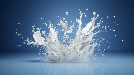 Realistic 3d rendering of milk splashing on dark blue background, high quality illustration