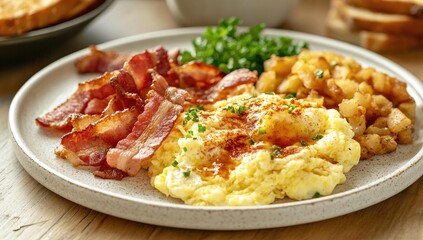 Scrambled eggs, bacon, potatoes, and herbs on a plate.