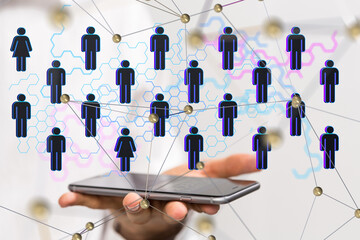 holding 3D rendering group of blue people