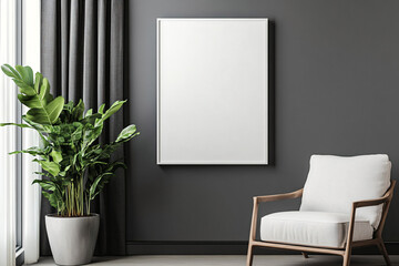 Minimalist Living Room Interior with White Frame and Comfortable Chair.