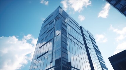 Fototapeta premium Glass tower with reflections in a bustling city skyline.