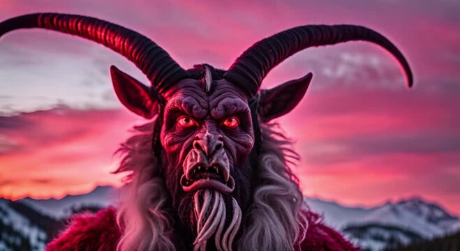 krampus the christmas demon in snowy mountain forest with pink sunset