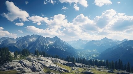 Tranquil Nature Landscape with Green Forest and Mountain Range