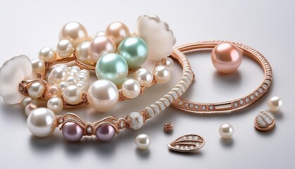Obraz premium Elegant pearl jewelry set in pastel colors on white background for luxury fashion accessory concept