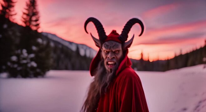 krampus the christmas demon in snowy mountain forest with pink sunset