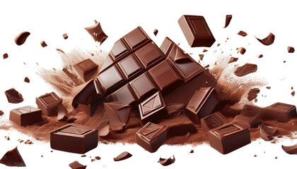 Close-Up View of Dark Chocolate Pieces Cascading Against a White Background