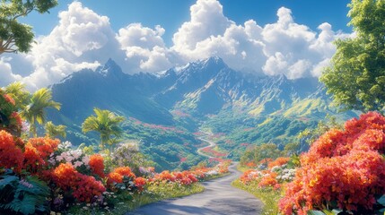 Naklejka premium A winding road through a lush valley with vibrant flowers and majestic mountains in the background.