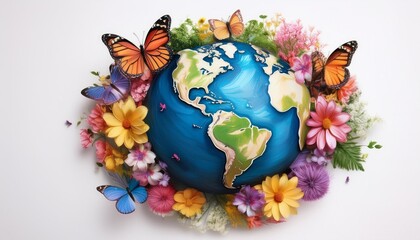 Colorful earth surrounded by flowers and butterflies on white background travel and nature beauty inspiration
