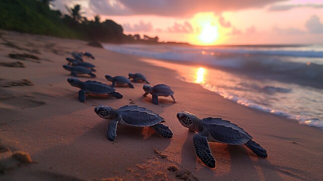 AI generator image of baby sea turtles such as Leatherback turtle, Green Turtle that have just hatched from their eggs under the sand. crawling into the sea to go live