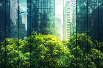 Cityscape Through Glass Windows with Green Trees.