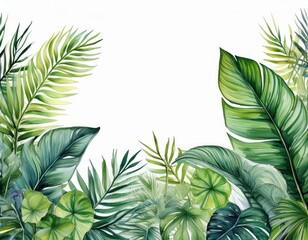 Watercolor illustration of lush tropical plants with copy space on white background for travel and beauty concept design