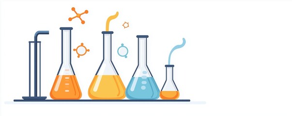 Experimental setup, beakers with chemical reactions, flat design illustration