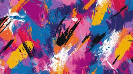 Abstract colorful brushstrokes and splatters on a pink background.