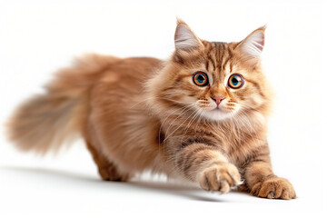 Red Maine Coon cat jumps to the side on a light background