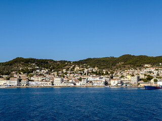 Spetses island, Greece. Seafront buildings view from the sea