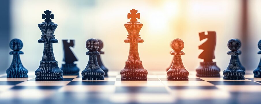 A chessboard with pieces made of encrypted data, symbolizing strategic moves in cybersecurity