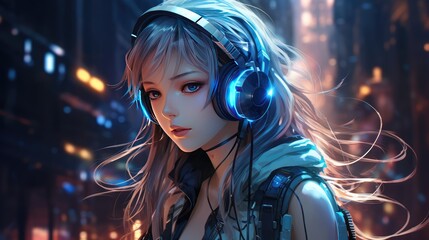 Fototapeta premium A happy woman with long blond hair, illuminated by blue lights.