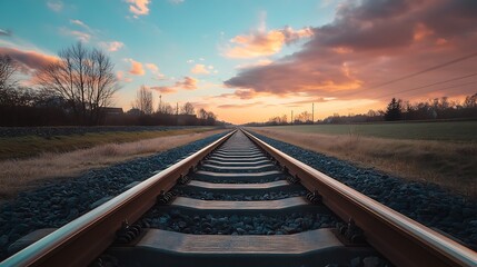 Fototapeta premium Railroad Tracks Leading Towards a Sunset Sky