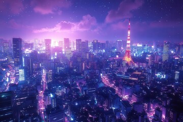 Fototapeta premium neonsoaked tokyo nightscape mangainspired cityscape with towering skyscrapers vibrant purple and magenta hues bustling streets pulsing with electric energy