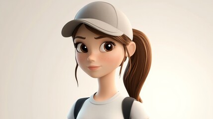Cheerful 3D Cartoon Girl With Brown Hair, Freckles, and a Cap Wearing a White T-Shirt.