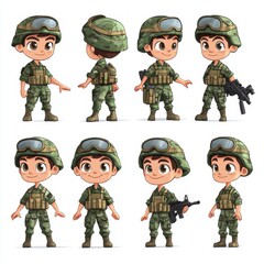 Cartoon soldier character in different poses.