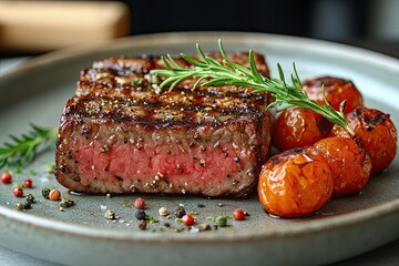 Plant-Based Steak on Minimalist Ceramic Plate in Contemporary Kitchen, showcasing vibrant colors and textures, emphasizing sustainable dining and modern aesthetics.