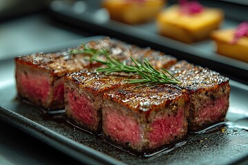 Plant-based Steak on Minimalist Ceramic Plate in Sleek Kitchen, vibrant colors, contemporary design, inviting atmosphere, emphasis on healthy eating and sustainable choices
