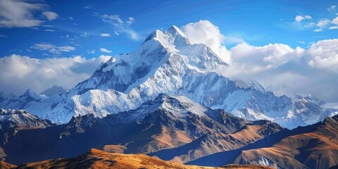 A majestic snow-capped mountain rises against a clear blue sky, showcasing natural beauty and breathtaking scenery.