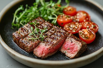 Plant-Based Steak on Sleek Plate in Minimalist Home, showcasing innovative cuisine, modern design, and a focus on sustainable eating in a stylish environment.