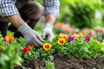 Closeup of gloved hands tending to a vibrant flower bed with colorful pansies.