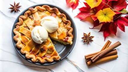 Warm Apple Pie with Lattice Crust and Ice Cream on Autumn Table