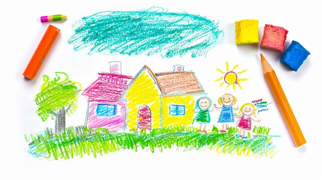 A child's drawing of a house with crayons and crayon crayones