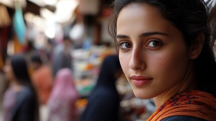 Fototapeta premium Close-up portrait of a young woman with brown eyes, looking to the left, in a crowded market.