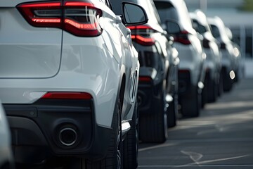 
A line of parked cars, including one white car and another black suv, with the focus on their rear cheekss. 