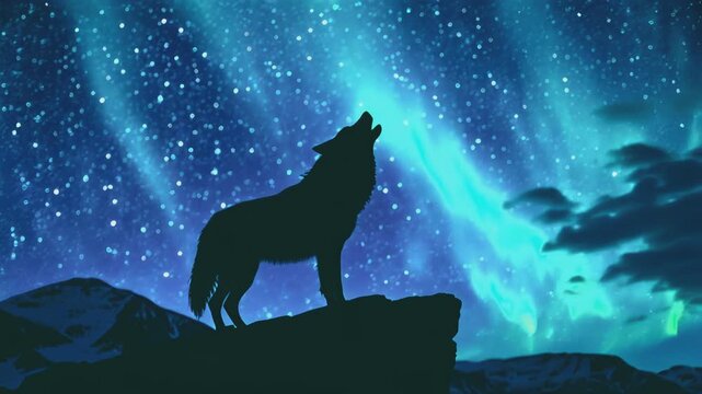 A lone wolf howling at a full moon on a dark night against the backdrop of the northern lights, conveying themes of wilderness, solitude, and mysticism.