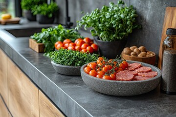 Modern kitchen design, featuring sleek surfaces, vibrant plant-based meat alternatives on the counter, inviting atmosphere, perfect for healthy cooking and dining experiences