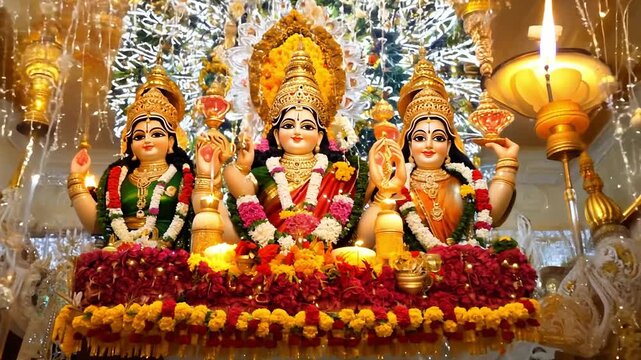 Decorated hindu home shrine showing three deities during diwali festival