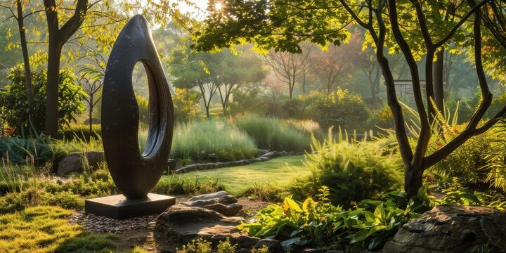 A modern sculpture in a serene garden, surrounded by lush greenery and soft morning light creating a tranquil atmosphere.