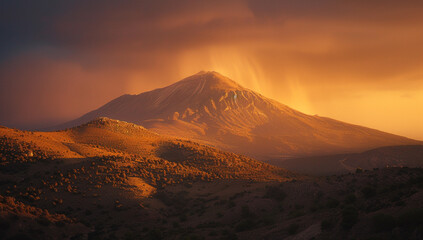 a dome mountain glowing under the golden light of a setting sun