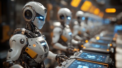 Fototapeta premium AI-Driven Robotic Assistants in Smart Factories: Robots assembling products with precision in a highly automated, futuristic factory.