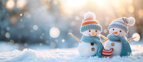 Two adorable snowmen in knitted outfits enjoy a snowy winter day together