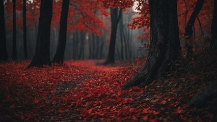 Dark foggy spooky autumn forest landscape with red fall leaves on the ground and black tree silhouettes 