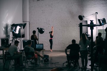 Film set, monitors and modern shooting equipment.