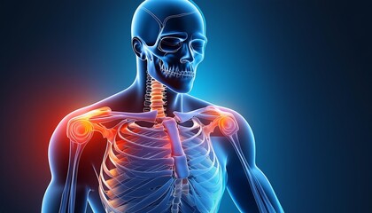 Human skeleton experiencing shoulder pain in 3d illustration for medical and health concepts