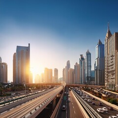 Busy urban landscape with skyscrapers, highway, and city life modern cityscape with high rise buildings and infrastructure