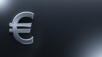 Euro logo. European currency symbol. Eur sign on dark background. Silver symbol of EU money. Euro logotype near copy space. Logo of European monetary system. Place for text. Euro sign. 3d image