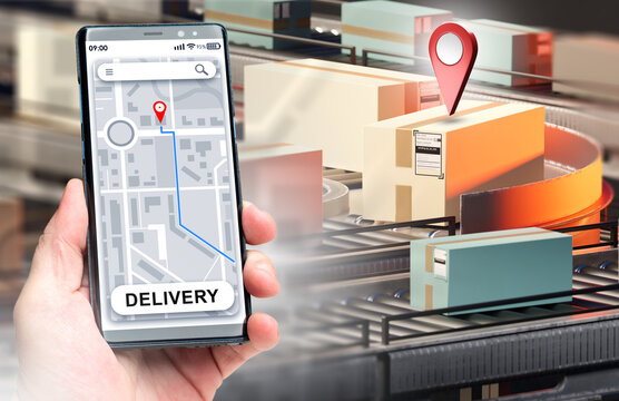 Delivery app. Phone with logistic map in hand. Boxes on conveyor. Delivery address tracking. Courier app. Logistics website. Delivery tracking via phone. Logistics technologies. Courier smartphone