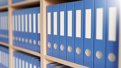Folders with documents. Shelves for papers inside archive. Sorted documents in blue folders. Place to store legal contracts. Folders for saving financial reports. Archive of documents. 3d image