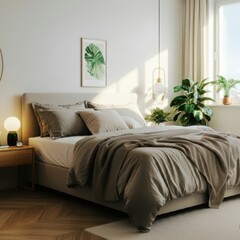 A serene bedroom with soft lighting , lush plants , and cozy bedding promotes sleep optimization.