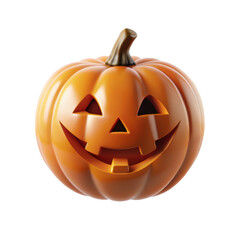 3D illustration of a smiling jack o lantern pumpkin with a brown stem, perfect for Halloween-themed decorations or designs. Isolated on transparent background, png.